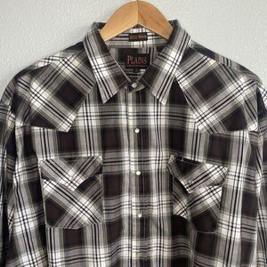 Plains Western Wear Big Man Plaid Pearl Snap Shirt Mens 3X Black White Brown